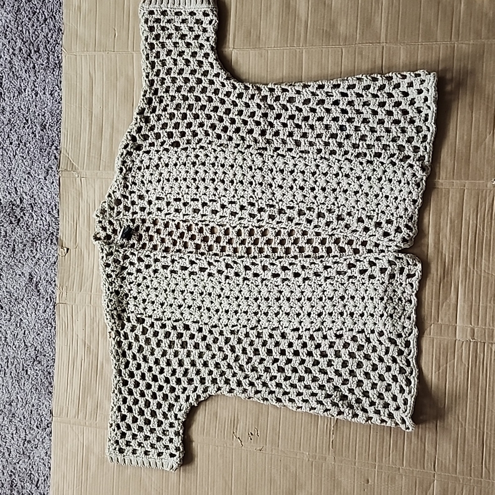 Chico's black label taupe open front crochet sweater gold metallic-1 - Picture 4 of 8